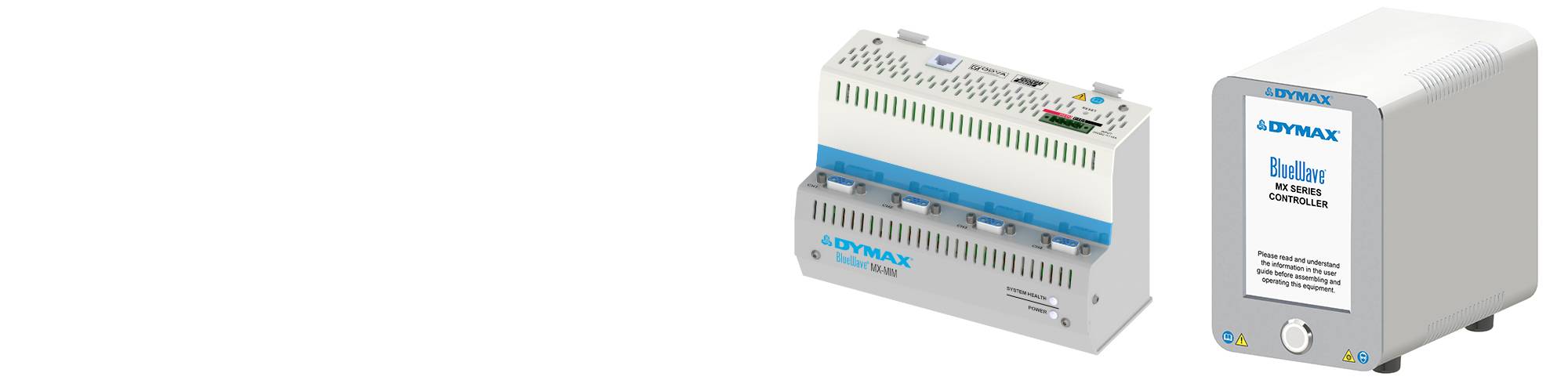 Zwei der lichthärtenden BlueWave-Ausrüstungssteuerungen von Dymax